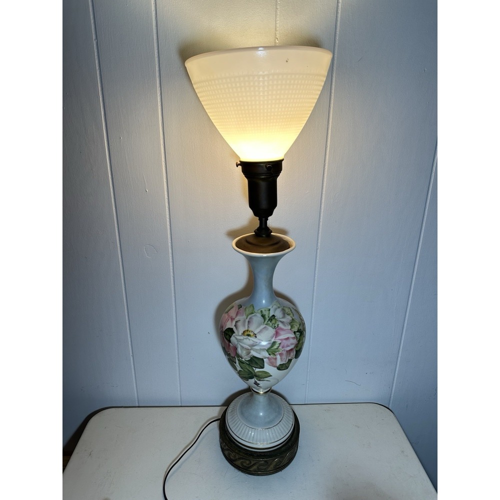 VTG Hand Painted Floral Porcelain Table Lamp Milk Glass Shade 28" Brass Tone